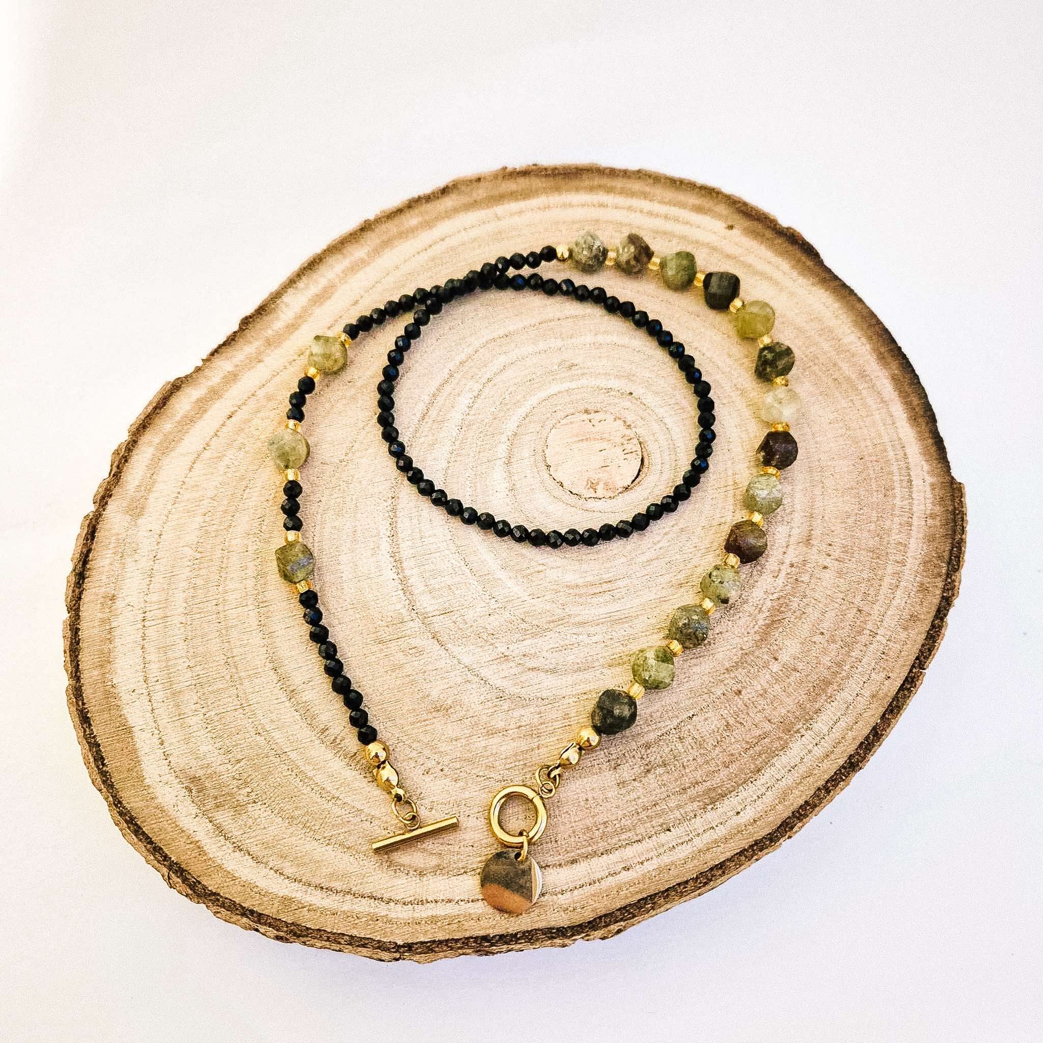 Naszyjnik hand-made, kamiennie naturalne, granat zielony, turmalin
